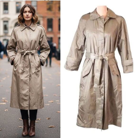 Vintage Jackets & Blazers - VTG Mervyns 80s Beige Belted Midi Trench Coat Removable Liner SZ 6 Petite